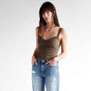 Express Olive Green Striped Asymmetrical Sweetheart Bustier Wide-Strap Tank Top